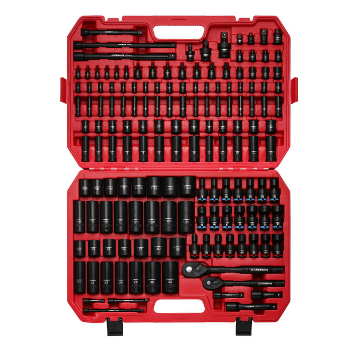 CASOMAN 153-Piece 1/4" & 3/8" & 1/2" Drive Master Impact Socket Set with Case, Professional Standard and Deep Socket Tool Set, 6 Point, SAE and Metric Sizes