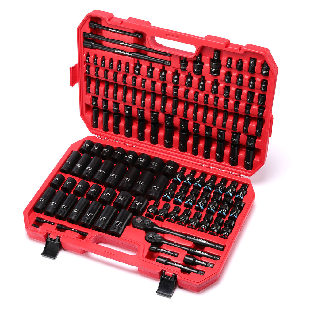 CASOMAN 153-Piece 1/4" & 3/8" & 1/2" Drive Master Impact Socket Set with Case, Professional Standard and Deep Socket Tool Set, 6 Point, SAE and Metric Sizes