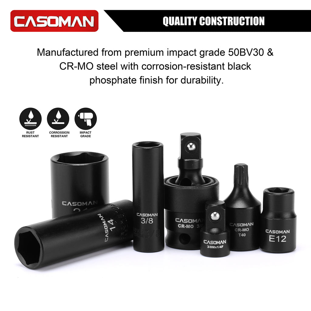 CASOMAN 153-Piece 1/4" & 3/8" & 1/2" Drive Master Impact Socket Set with Case, Professional Standard and Deep Socket Tool Set, 6 Point, SAE and Metric Sizes