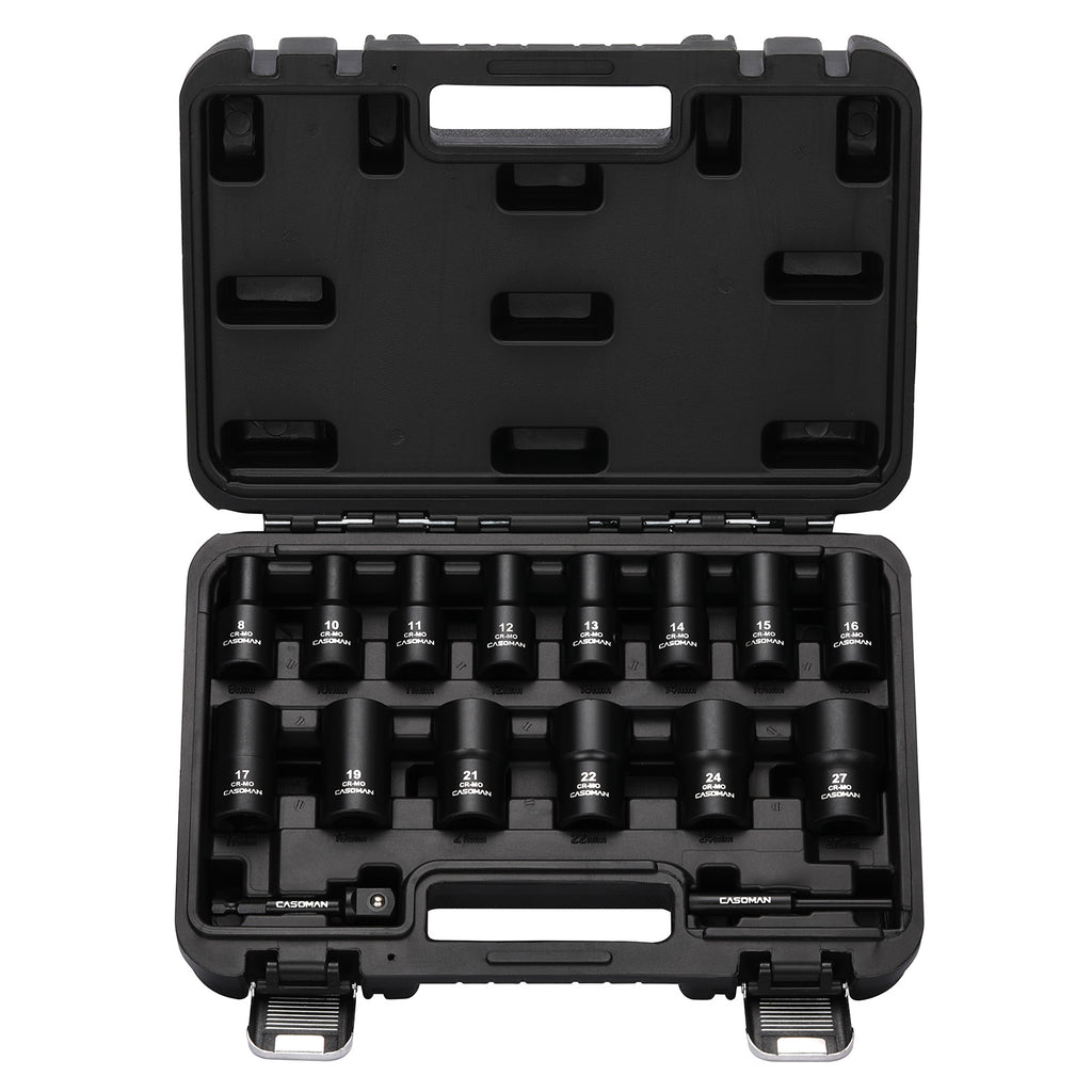 CASOMAN 16PCS 1/2" Drive Impact Bolt and Nut Extractor Socket Set, Stripped Lug Nut Remover Include Hex Shank Adapter & Pin Bar, for Removing Damaged Rusted Broken Rounded Fasteners off, CR-MO, Metric