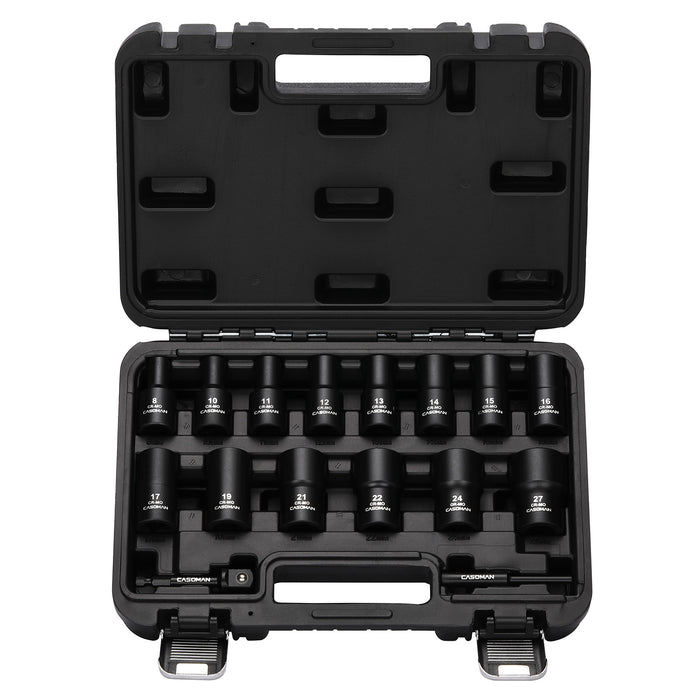 CASOMAN 16PCS 1/2" Drive Impact Bolt and Nut Extractor Socket Set, Stripped Lug Nut Remover Include Hex Shank Adapter & Pin Bar, for Removing Damaged Rusted Broken Rounded Fasteners off, CR-MO, Metric