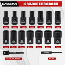 Load image into Gallery viewer, CASOMAN 16PCS 1/2" Drive Impact Bolt and Nut Extractor Socket Set, Stripped Lug Nut Remover Include Hex Shank Adapter &amp; Pin Bar, for Removing Damaged Rusted Broken Rounded Fasteners off, CR-MO, Metric