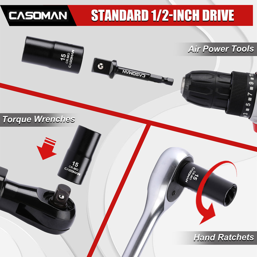 CASOMAN 16PCS 1/2" Drive Impact Bolt and Nut Extractor Socket Set, Stripped Lug Nut Remover Include Hex Shank Adapter & Pin Bar, for Removing Damaged Rusted Broken Rounded Fasteners off, CR-MO, Metric