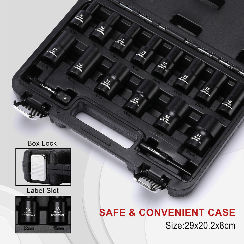 CASOMAN 16PCS 1/2" Drive Impact Bolt and Nut Extractor Socket Set, Stripped Lug Nut Remover Include Hex Shank Adapter & Pin Bar, for Removing Damaged Rusted Broken Rounded Fasteners off, CR-MO, Metric