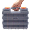 CASOMAN Double Sided Small Parts Organizer, 34 Compartment Hardware Storage Box, Screw & Bolt Organizer with Removable Dividers, Black/Orange