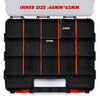 CASOMAN Double Sided Small Parts Organizer, 34 Compartment Hardware Storage Box, Screw & Bolt Organizer with Removable Dividers, Black/Orange