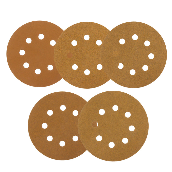 CASOMAN 5" 8 Hole Sandpaper Set, 60/80/120/150/220 Grits, 105 pcs Mixed Packed,Gold- 5-inch with 8-Holes Hook and Loop Sanding Discs Sand Paper