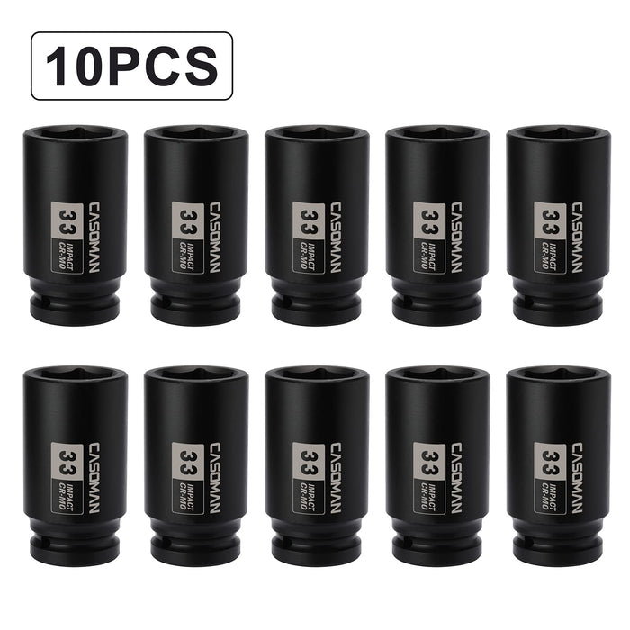 CASOMAN 10PCS 3/4-Inch Drive Deep Impact Socket Set-33mm, CR-MO, 6-Point, Axle Nut Socket for Easy Removal of Axle Shaft Nuts