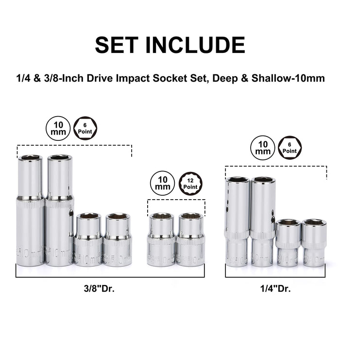 CASOMAN 10Piece Impact Socket Set, 1/4" & 3/8" Drive, Deep & Shallow, 10mm, Metric, Mirror Chrome Finish