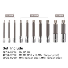 Load image into Gallery viewer, CASOMAN 10 Piece Spline Tip Bit Socket Set, M-Type, S2 and Cr-V Steel, Extra Long 4'' Length, M4-M18, XZN Triple Square Spline Bit Socket Set