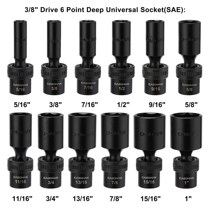 CASOMAN 12 Pieces 3/8-Inch Drive Deep Universal Impact Socket Set, SAE, 5/16"-1", CR-MO, Swivel Socket