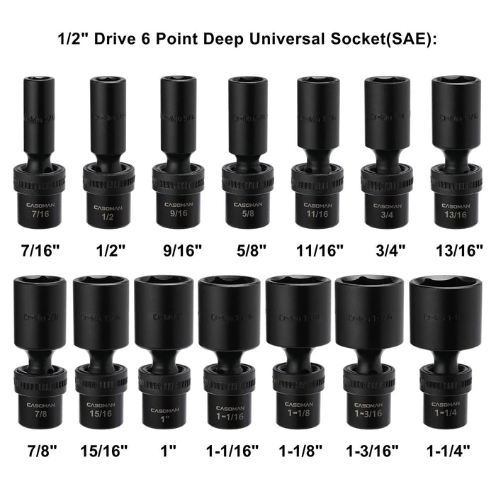 CASOMAN 14 Pieces 1/2-Inch Drive Deep Universal Impact Socket Set, SAE, 7/16"-1-1/4", CR-MO, Swivel Socket