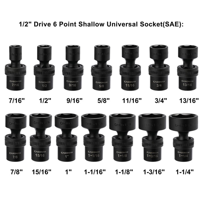 CASOMAN 14 Pieces 1/2-Inch Drive Shallow Universal Impact Socket Set, SAE, 7/16"-1-1/4", CR-MO, Swivel Socket