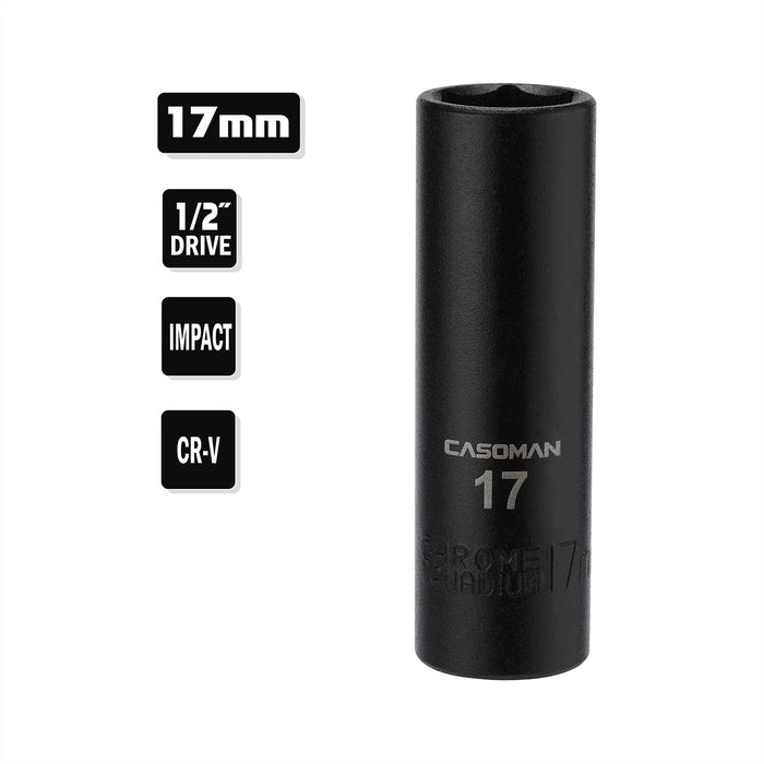 CASOMAN 1/2-Inch Drive Deep Impact Socket- 17mm, 6-Point, Metric, CR-V