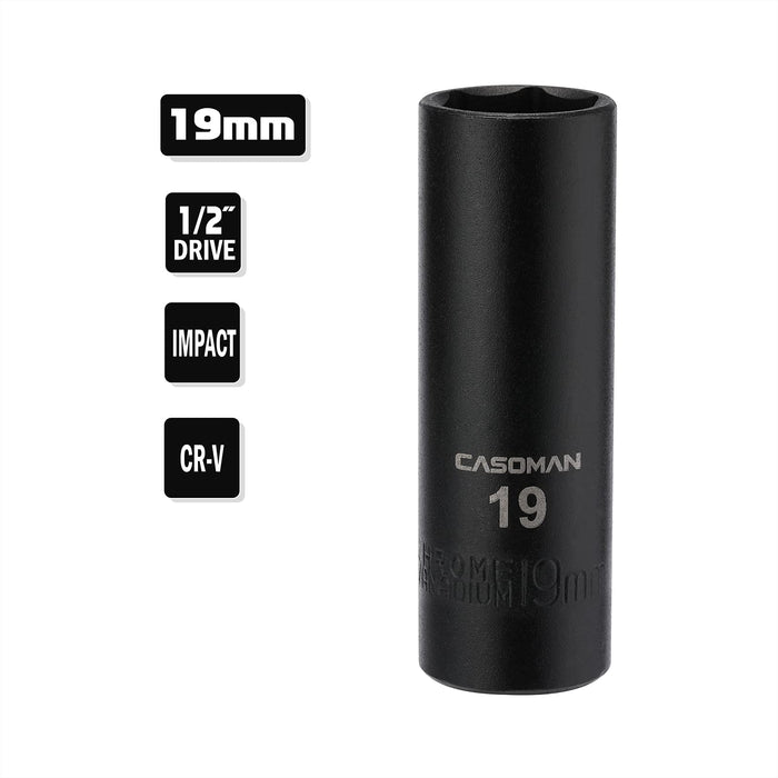 CASOMAN 1/2-Inch Drive Deep Impact Socket- 19mm，6-Point, Metric, CR-V