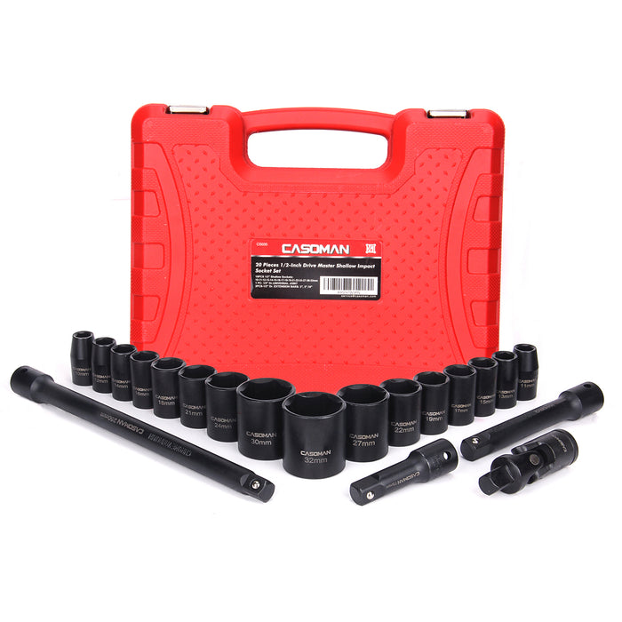 CASOMAN 1/2-Inch Drive Shallow Impact Socket Set, 20-Piece 1/2" Shallow Sockets Set with Extension Bar and Universal Joints
