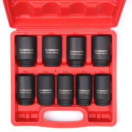 CASOMAN 1/2- Inch Drive Deep Spindle Axle Nut Impact Socket Set, 6 Point, CR-MO, Metric, 29mm-38mm, 9-Piece 1/2