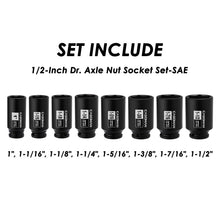 Load image into Gallery viewer, CASOMAN 1/2-Inch Drive Deep Spindle Axle Nut Impact Socket Set, 6 Point, CR-MO, SAE, 1" to 1-1/2", 8-Piece 1/2" Dr. Deep Impact Socket Set