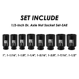 CASOMAN 1/2-Inch Drive Deep Spindle Axle Nut Impact Socket Set, 6 Point, CR-MO, SAE, 1