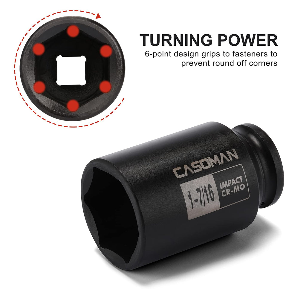 CASOMAN 1/2-Inch Drive Deep Spindle Axle Nut Impact Socket Set, 6 Point, CR-MO, SAE, 1" to 1-1/2", 8-Piece 1/2" Dr. Deep Impact Socket Set