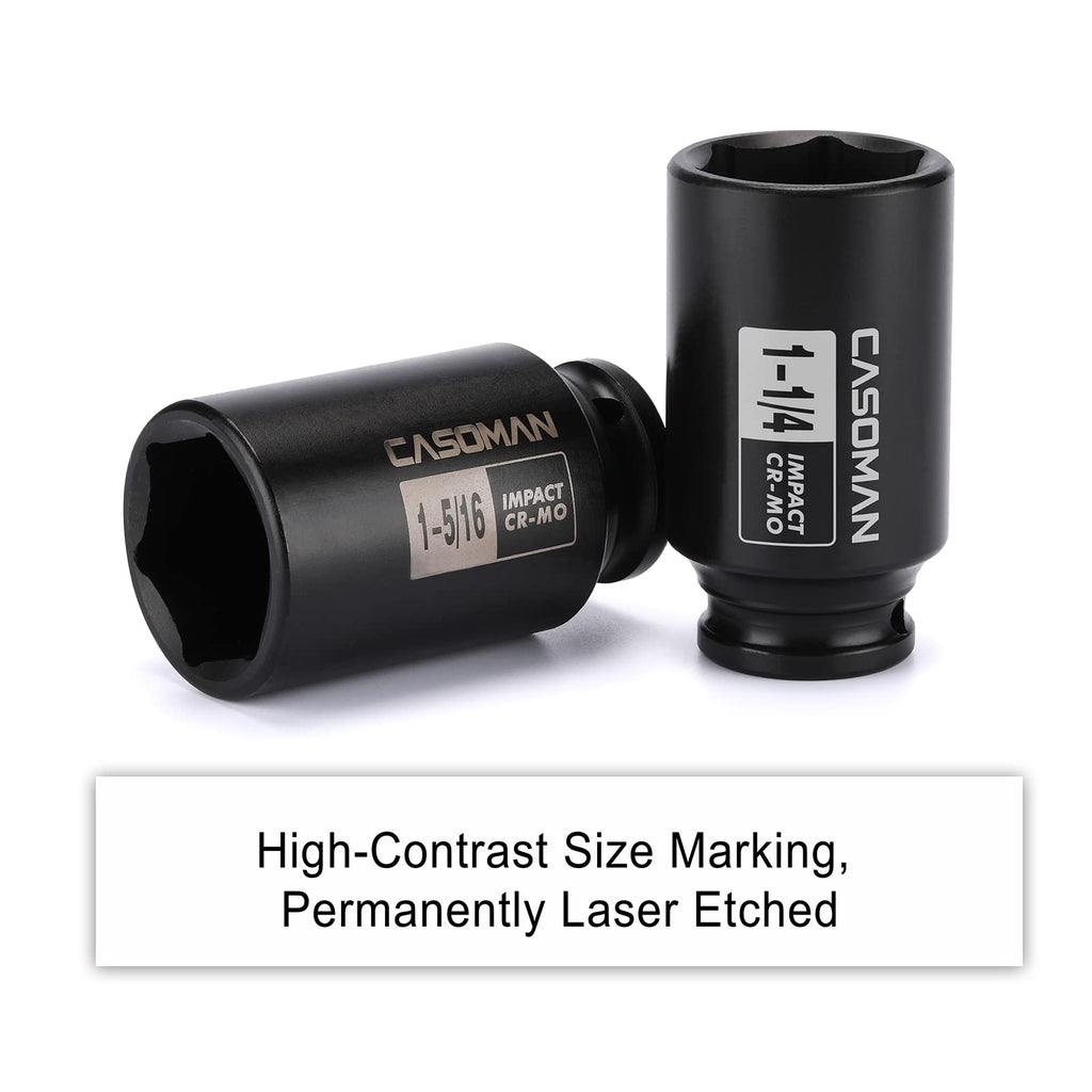CASOMAN 1/2-Inch Drive Deep Spindle Axle Nut Impact Socket Set, 6 Point, CR-MO, SAE, 1" to 1-1/2", 8-Piece 1/2" Dr. Deep Impact Socket Set