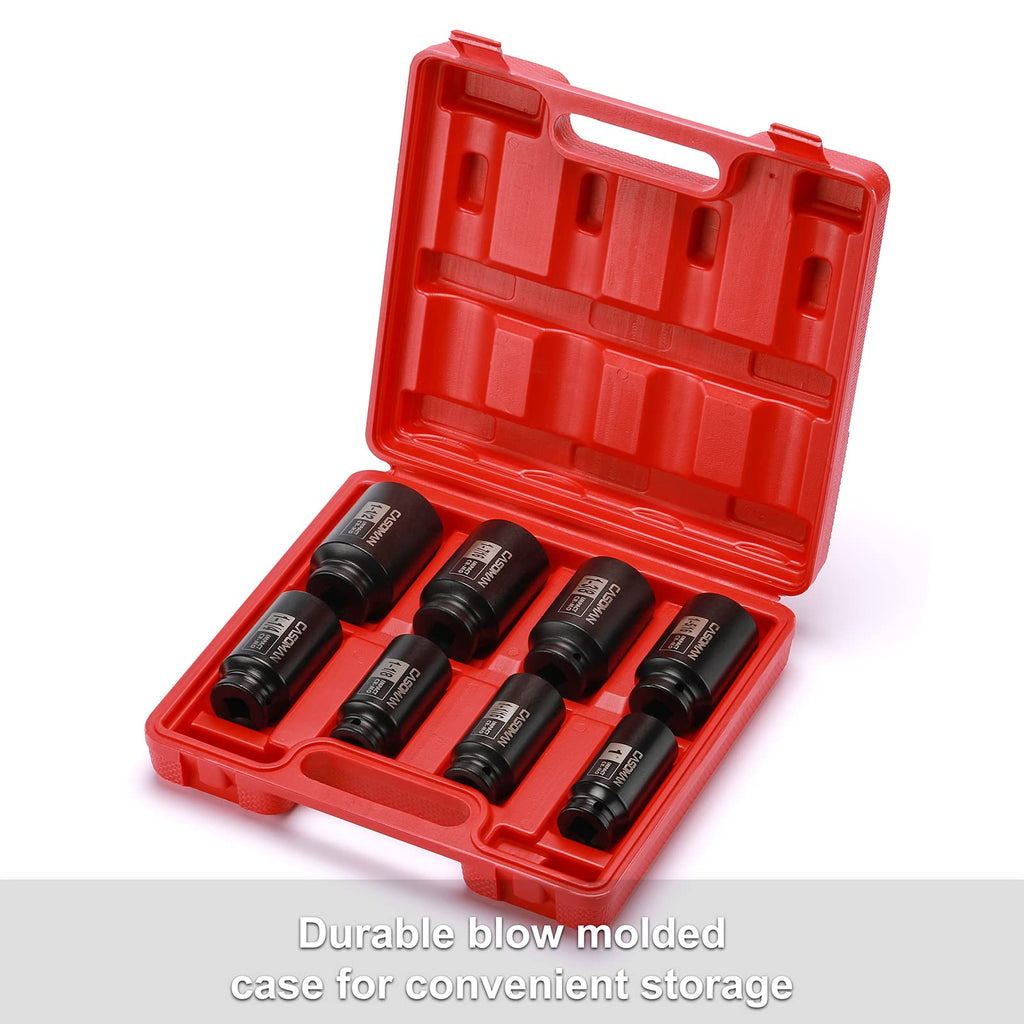 CASOMAN 1/2-Inch Drive Deep Spindle Axle Nut Impact Socket Set, 6 Point, CR-MO, SAE, 1" to 1-1/2", 8-Piece 1/2" Dr. Deep Impact Socket Set