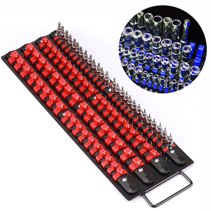 CASOMAN 80-Piece Portable Socket Organizer Tray, 2 Pcs Set, Blue & Red, 1/4-Inch, 3/8-Inch, 1/2-Inch,Heavy Duty Socket Organizer, Black Rails