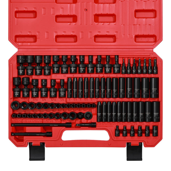 CASOMAN 1/4 Inch Drive Master Impact Socket Set with Adapters, U-Joint, Extensions & Torx Socket, 86-Piece, 6-Point, SAE/Metric, Standard/Deep, CR-V