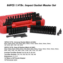 Load image into Gallery viewer, CASOMAN 1/4 Inch Drive Master Impact Socket Set with Adapters, U-Joint, Extensions &amp; Torx Socket, 86-Piece, 6-Point, SAE/Metric, Standard/Deep, CR-V