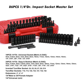 CASOMAN 1/4 Inch Drive Master Impact Socket Set with Adapters, U-Joint, Extensions & Torx Socket, 86-Piece, 6-Point, SAE/Metric, Standard/Deep, CR-V