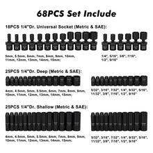 Load image into Gallery viewer, CASOMAN 1/4 Inch Drive Master Impact Socket Set with Adapters, U-Joint, Extensions &amp; Torx Socket, 86-Piece, 6-Point, SAE/Metric, Standard/Deep, CR-V