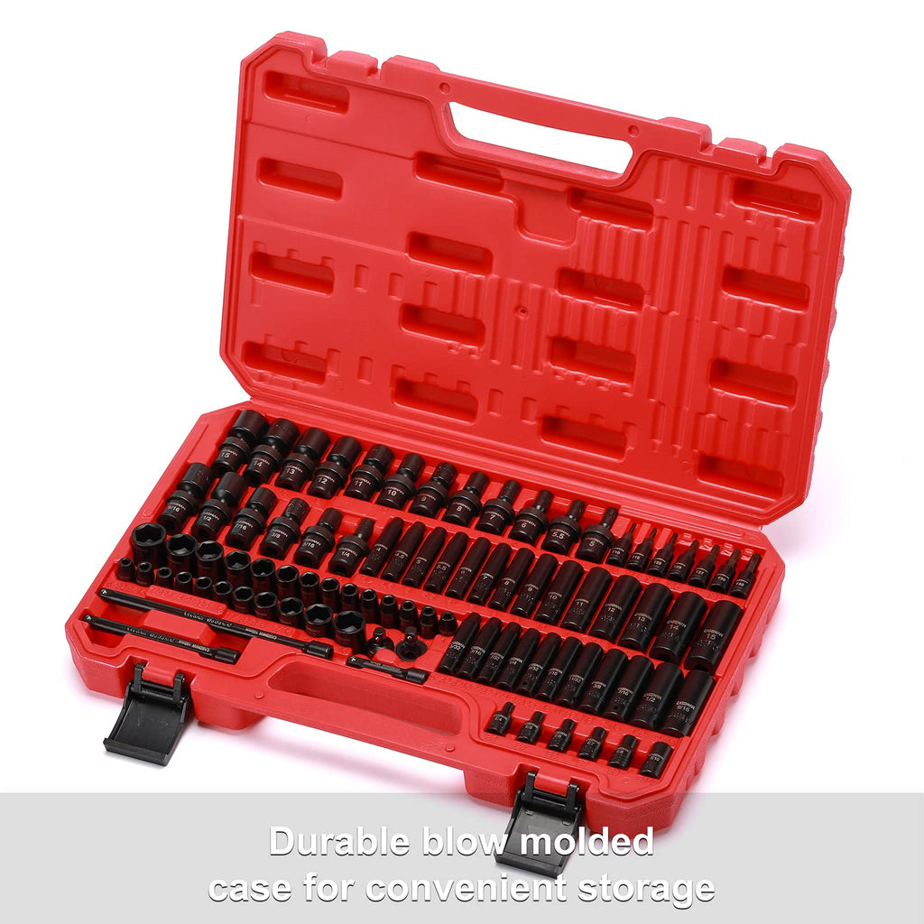 CASOMAN 1/4 Inch Drive Master Impact Socket Set with Adapters, U-Joint, Extensions & Torx Socket, 86-Piece, 6-Point, SAE/Metric, Standard/Deep, CR-V