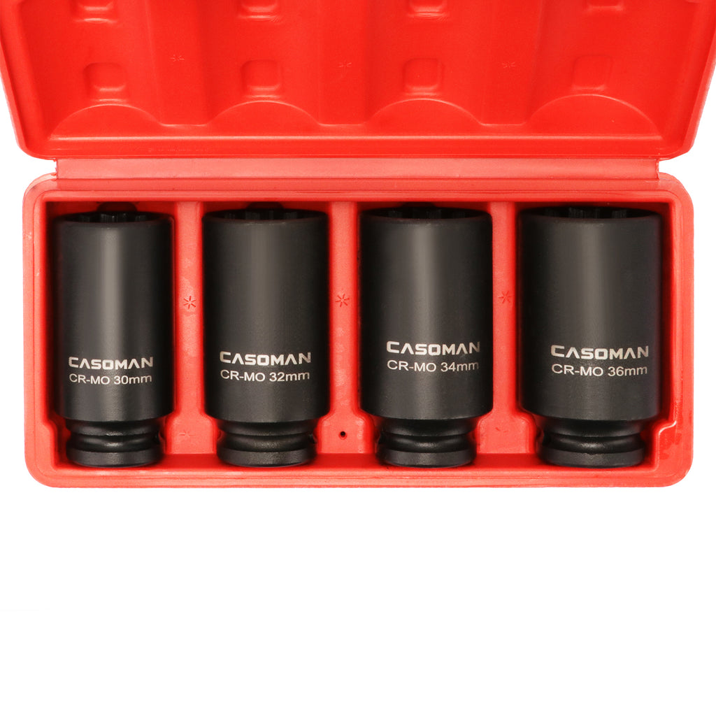 CASOMAN 1/2-Inch Drive Deep Spindle Axle Nut Impact Socket Set,12 Point, Metric, CR-MO, 30,32,34,36mm, 4-Piece 1/2" Heavy Duty Impact Socket Set