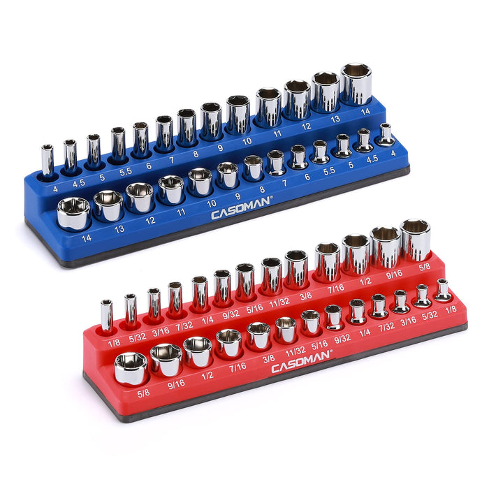CASOMAN 2PCS 1/4-Inch Magnetic Socket Organizer, Holds 26 Metric & 26 SAE Sockets, Blue & Red, Magnetic Socket Holder