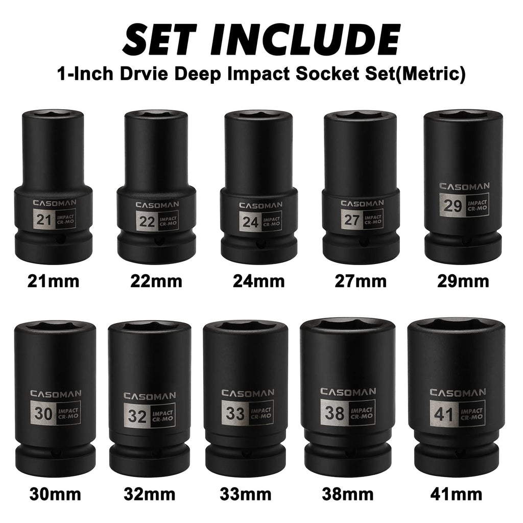 CASOMAN 10PCS 1-Inch Drive Deep Impact Socket Set, Metric, CR-MO, 21,22,24,27,29,30,32,33,38,41mm, Deep Spindle Axle Nut Impact Socket Set