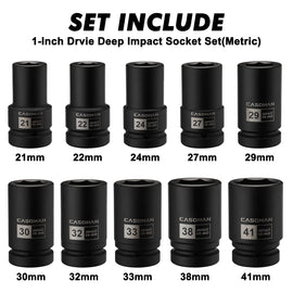 CASOMAN 10PCS 1-Inch Drive Deep Impact Socket Set, Metric, CR-MO, 21,22,24,27,29,30,32,33,38,41mm, Deep Spindle Axle Nut Impact Socket Set
