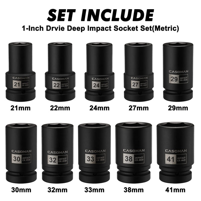 CASOMAN 10PCS 1-Inch Drive Deep Impact Socket Set, Metric, CR-MO, 21,22,24,27,29,30,32,33,38,41mm, Deep Spindle Axle Nut Impact Socket Set