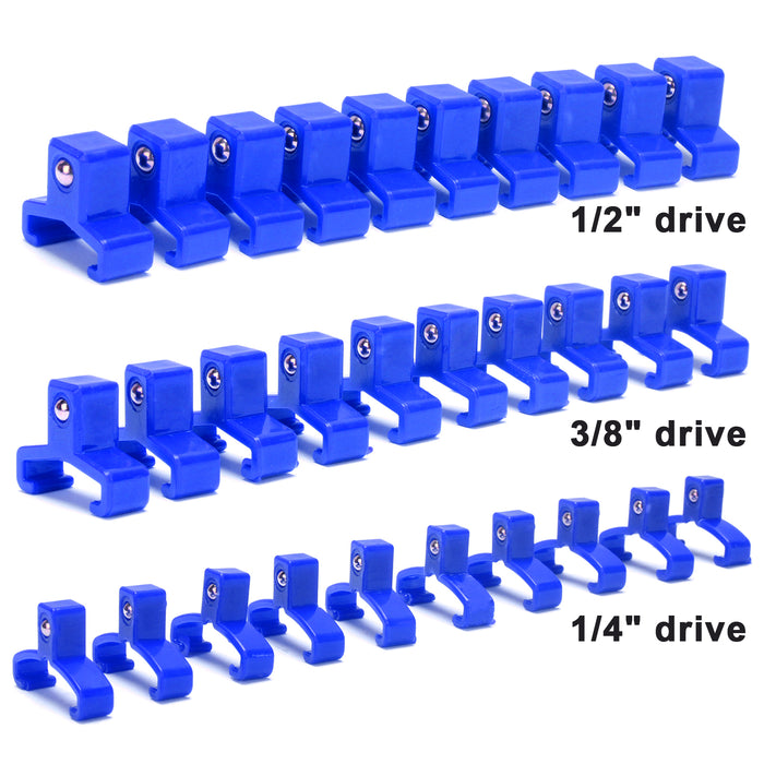 CASOMAN 30-Piece Socket Clip Set, 1/2-inch, 3/8-inch,1/4-inch Blue Spring Loaded Ball Bearing Socket Clips