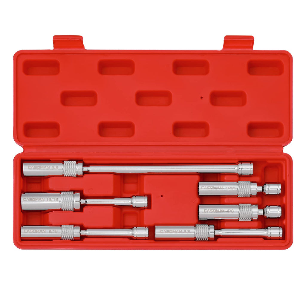 CASOMAN 6PCS 3/8-Inch Drive Magnetic Swivel Spark Plug Socket Set, Include 9/16-Inch, 5/8-Inch, 13/16-Inch, 14mm Socket, Length: 4-Inch, 6-Inch, 11-Inch, 12-Point, CR-V