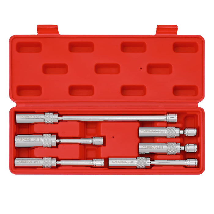 CASOMAN 6PCS 3/8-Inch Drive Magnetic Swivel Spark Plug Socket Set, Include 9/16-Inch, 5/8-Inch, 13/16-Inch, 14mm Socket, Length: 4-Inch, 6-Inch, 11-Inch, 12-Point, CR-V