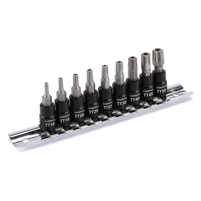 CASOMAN 1/4" Drive Hex Bit Socket set, 9-Piece Security Star Bits, Allen Bit Socket Kit, TT10-TT50,CR-V&S2 Steel, Includes Storage Rail