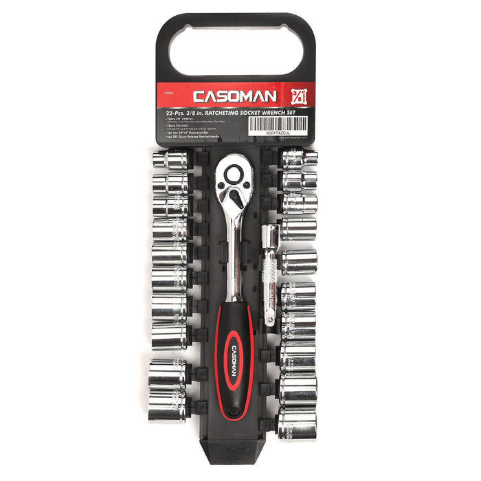 CASOMAN 3/8-Inch Drive Socket Set with Quick Release Ratchet Wrench Set, 22 Pieces Socket Set