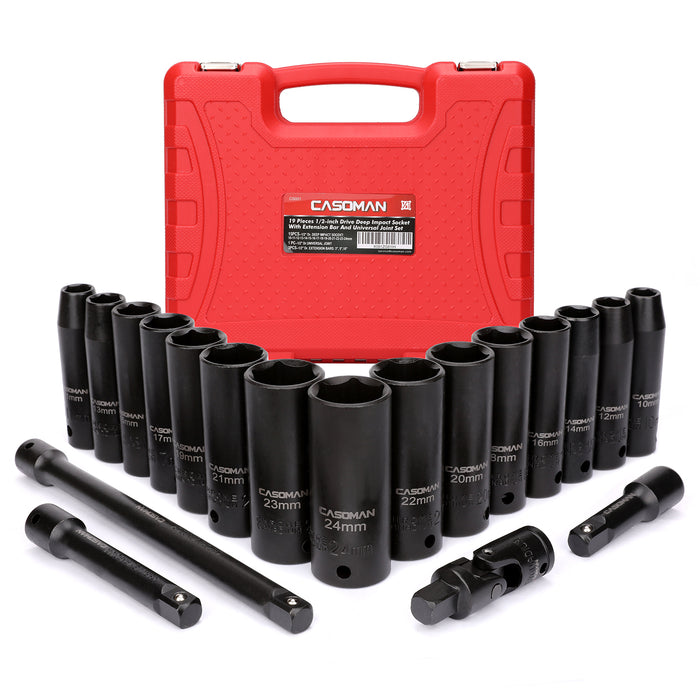 CASOMAN Complete 1/2-Inch Drive Deep Impact Socket Set, Metric, CR-V,10-24mm, 6 Point, 19-Piece Sockets Set with Extension Bar and Universal Joints