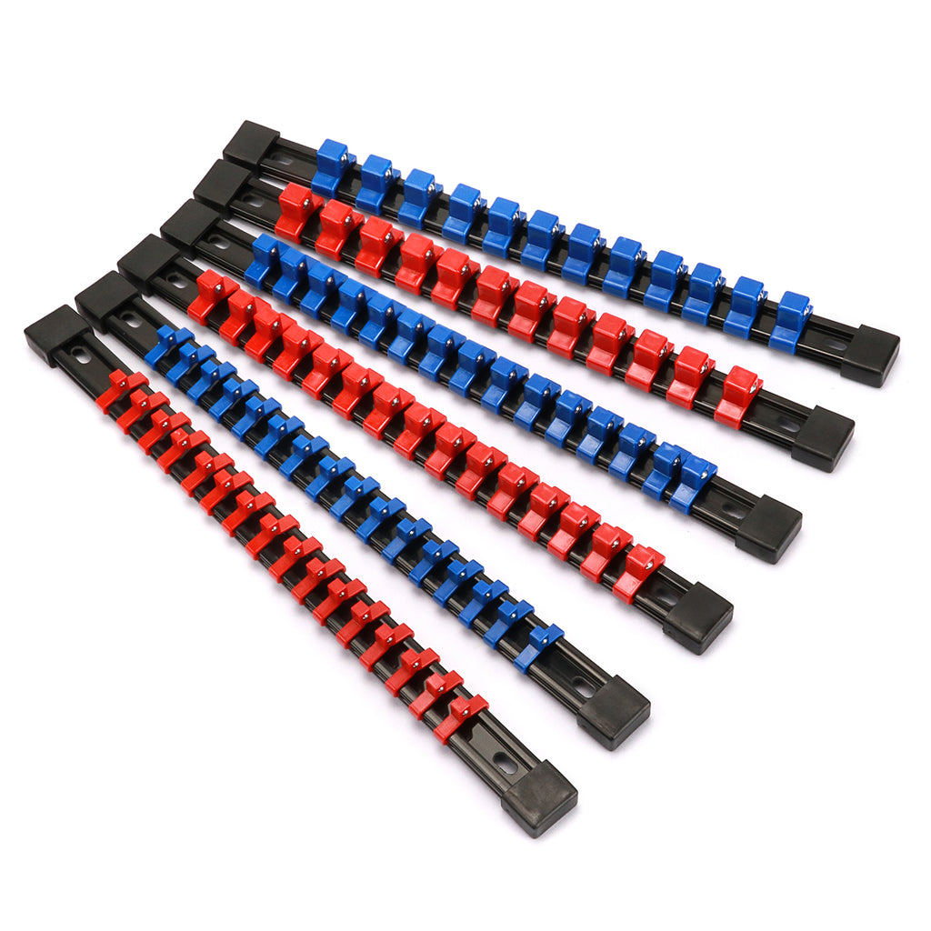 CASOMAN 6PC ABS Socket Organizer, 1/4-Inch, 3/8-Inch, 1/2-Inch, Premium Quality Socket Holders (6-Piece Set, Blue & Red)