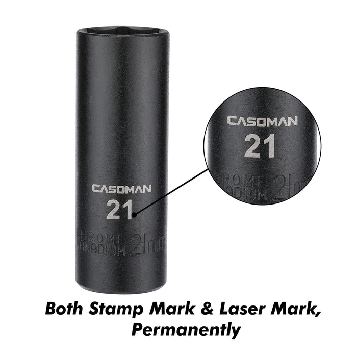 CASOMAN 1/2-Inch Drive Deep Impact Socket- 21mm，6-Point, Metric, CR-V