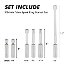 Load image into Gallery viewer, CASOMAN 6PCS 3/8-Inch Drive Magnetic Swivel Spark Plug Socket Set, Include 9/16-Inch, 5/8-Inch, 13/16-Inch, 14mm Socket, Length: 4-Inch, 6-Inch, 11-Inch, 12-Point, CR-V