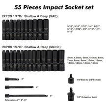 Load image into Gallery viewer, CASOMAN 55PCS 1/4-Inch Drive Impact Socket Set, Shallow &amp; Deep, 5/32 Inch - 9/16 Inch, 4mm - 15mm, Metric/SAE, 6-Point, Cr-V Steel Socket Set