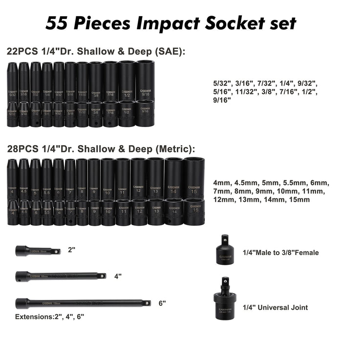 CASOMAN 55PCS 1/4-Inch Drive Impact Socket Set, Shallow & Deep, 5/32 Inch - 9/16 Inch, 4mm - 15mm, Metric/SAE, 6-Point, Cr-V Steel Socket Set