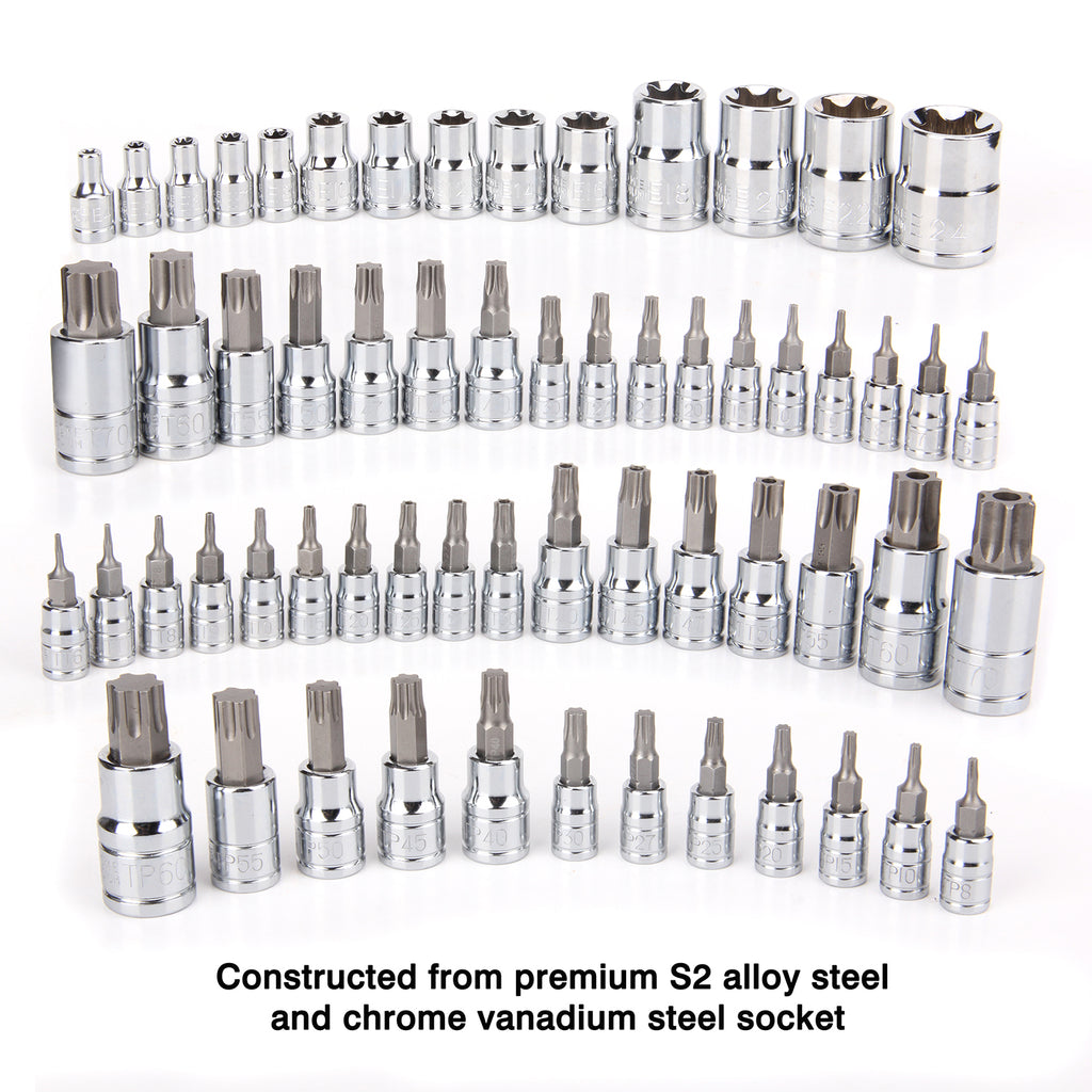 CASOMAN Master Torx Bit Socket and External Torx Socket Set, 60-Piece Set, S2 and Cr-V Steel，E4-E24, T6-T70,TT6-TT70,TP8-TP60