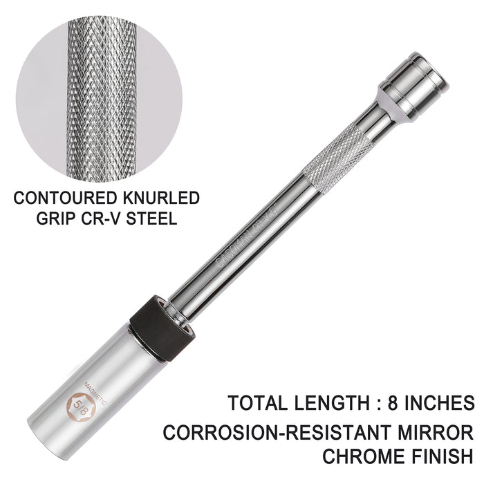 CASOMAN 5/8" Swivel Magnetic Spark Plug Socket, 3/8" Drive x 8-Inch Ext. Bar Length, 360 Degree Swivel, Enhanced Magnetic Design, 6 Point, Cr-V Steel